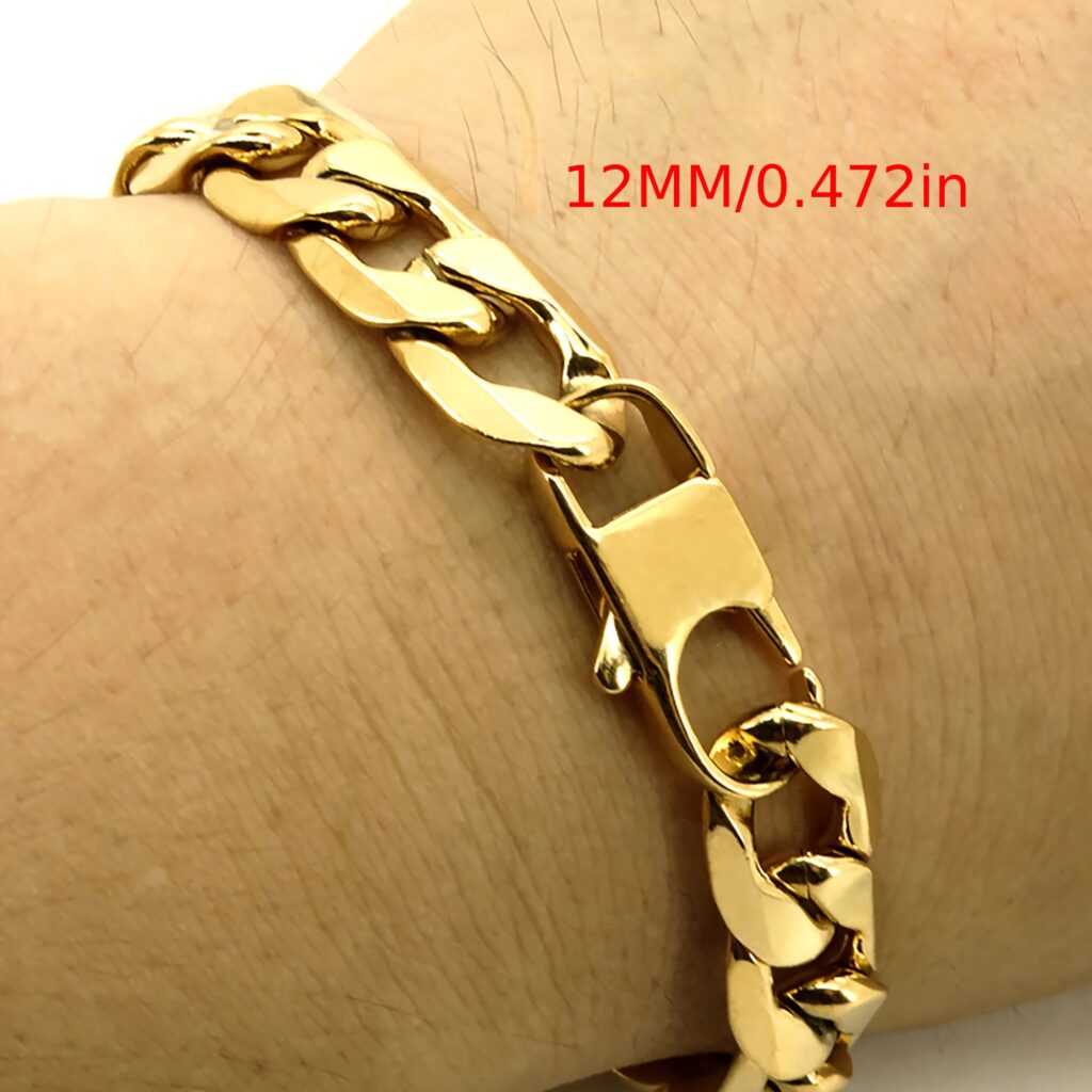 1 Golden Bracelet, 18K Golden Plated Plated, Bright and Shiny, 12mm Hexagon Cut Polished, 8-Inch Miami Cuban Link Chain, High-Quality 304 Stainless Steel, Mirror Finish, Unique Cowboy Clasp Design, Unisex, Easy to Wear, Fashionable and Elegant