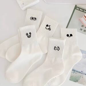 White 5-Pair Pack Cartoon Mid-Calf Socks, Unisex All-Season