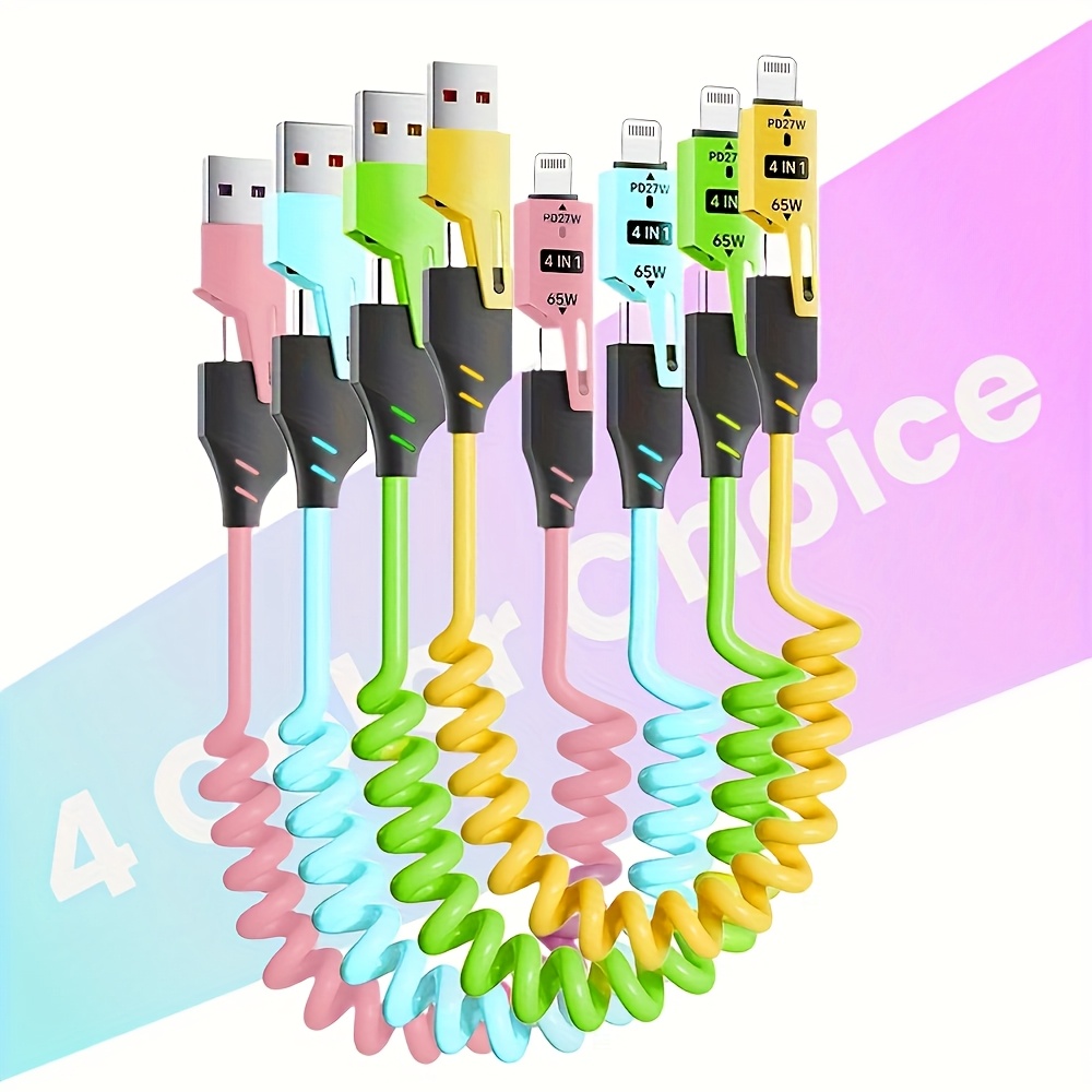4-In-1 Spring Data Cable, Max 65W USB-C Multi-Function Fast Charging Cable, 149.35cm Multi-Device Charging, for Iphone Lightning Port And USB-C Port Charging, for Samsung Huawei Oppo Vivo USB-C Port Fast Charging And Data Sync