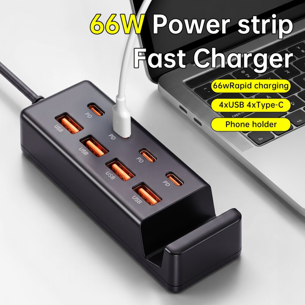8-Port Phone Stand Desktop Charger, Equipped with 4× Type-C PD + 4× USB-A Ports, with a Phone Holder, Supports Type-C Multi-port/multi-output Socket for Fast Charging, a Multi-device Fast-charging Hub, Suitable for Laptops/tablets/multiple Devices