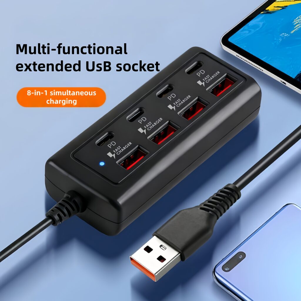 New 8-Port PD Fast Charging Station, USB Multi-Port Hub, 4×Type-C+4×Usb-A, Single Port 25W, Multiple Protection, USB Interface Secondary Molding, Firm Device Connection, 47.24-Inch Extension Cord, Notebook/Tablet/Mobile Phone Fully Compatible