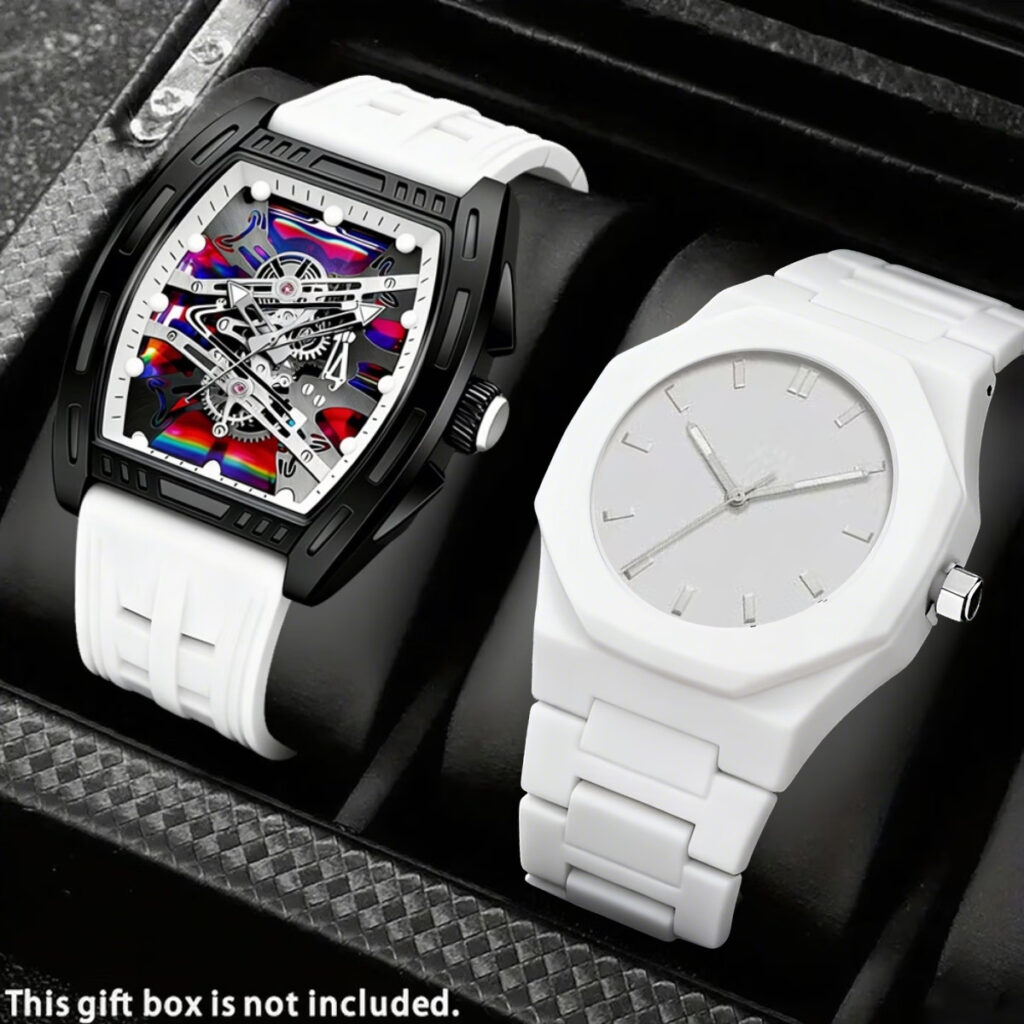 Men's Sports Watch, 2pcs Set, White Modern Design, Pointer Display, High-quality and Durable Acrylic Mirror and Synthetic Resin Case, Comfortable Strap, Suitable for Daily and Special Occasions, Fashionable Classic Watch