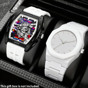 Men's Sports Watch, 2pcs Set, White Modern Design, Pointer Display, High-quality and Durable Acrylic Mirror and Synthetic Resin Case, Comfortable Strap, Suitable for Daily and Special Occasions, Fashionable Classic Watch